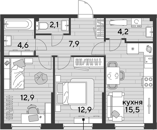 3-комн., 60.1 м², 2/16 этаж, ЖК «DОГМА ПАРК»