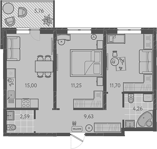 3-комн., 57.05 м², 1/16 этаж, ЖК «Теплые края»