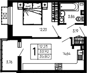 1-комн., 33.92 м², 2/14 этаж, ЖК «Эпос»
