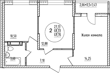2-комн., 48.33 м², 2/16 этаж, ЖК «Друг»
