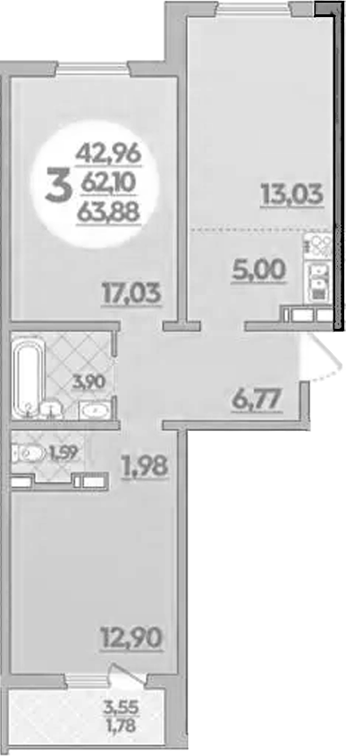 2-комн., 62.1 м², 7/8 этаж, ЖК «Молодежный 2»
