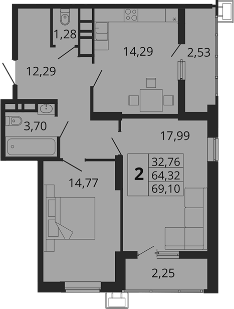 2-комн., 64.32 м², 2/18 этаж, ЖК «Родные Просторы»