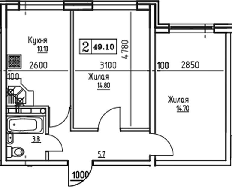 2-комн., 49.06 м², 4/9 этаж, ЖК «Южная звезда»