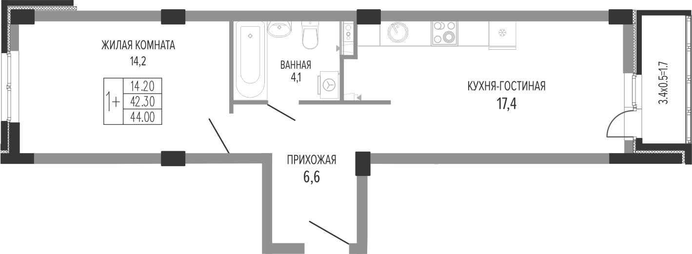 2-комн., 42.3 м², 1/7 этаж, ЖК «Екатерининский парк»