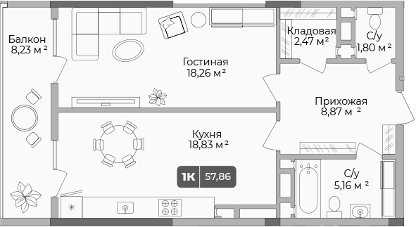 1-комн., 55.39 м², 8/17 этаж, ЖК «Золотой берег. СЗ Среда»