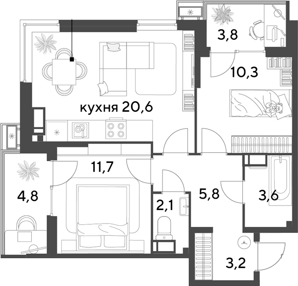 3-комн., 57.3 м², 11/18 этаж, ЖК «Парк Победы»