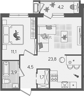2-комн., 45 м², 2/24 этаж, ЖК «Рекорд»