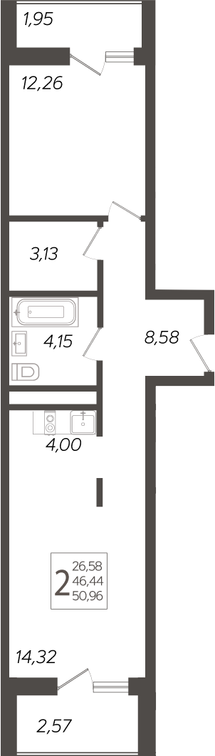 2-комн., 46.44 м², 10/19 этаж, ЖК «Кислород»