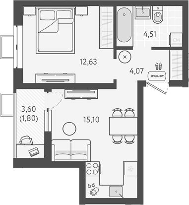 1-комн., 36.31 м², 9/9 этаж, ЖК «Теплые края»