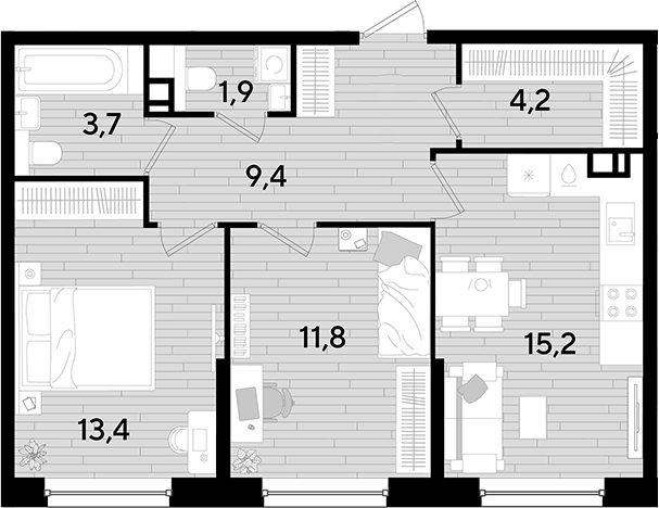 2-комн., 59.6 м², 5/16 этаж, ЖК «DОГМА ПАРК»