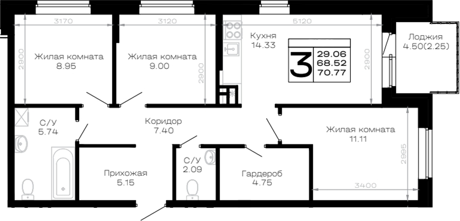Продается 3-комн. квартира, 68.52 м²