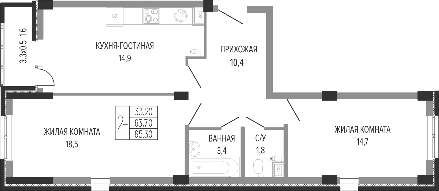3-комн., 65.7 м², 5/7 этаж, ЖК «Екатерининский парк»