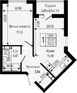 1-комн., 36.97 м², 9/9 этаж, ЖК «Ботаника Хиллс»