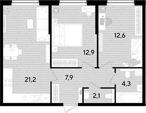 2-комн., 61 м², 2/16 этаж, ЖК «DОГМА ПАРК»