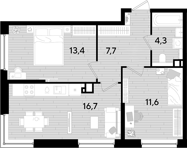 2-комн., 53.7 м², 5/16 этаж, ЖК «DОГМА ПАРК»