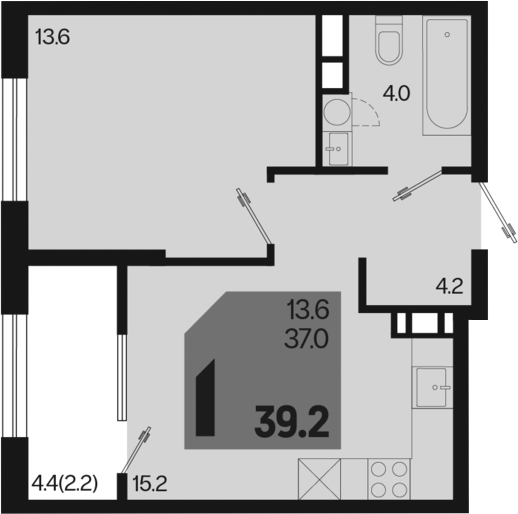 1-комн., 37 м², 18/18 этаж, ЖК «Первое место»