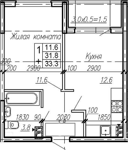 1-комн., 31.8 м², 1/4 этаж, ЖК «Эво»