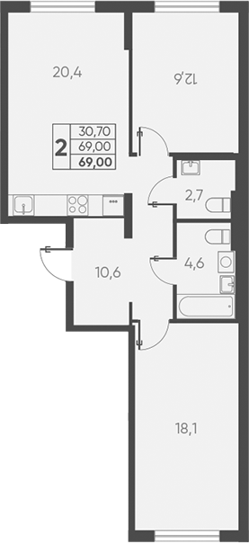 2-комн., 69 м², 1/15 этаж, ЖК «Барса»