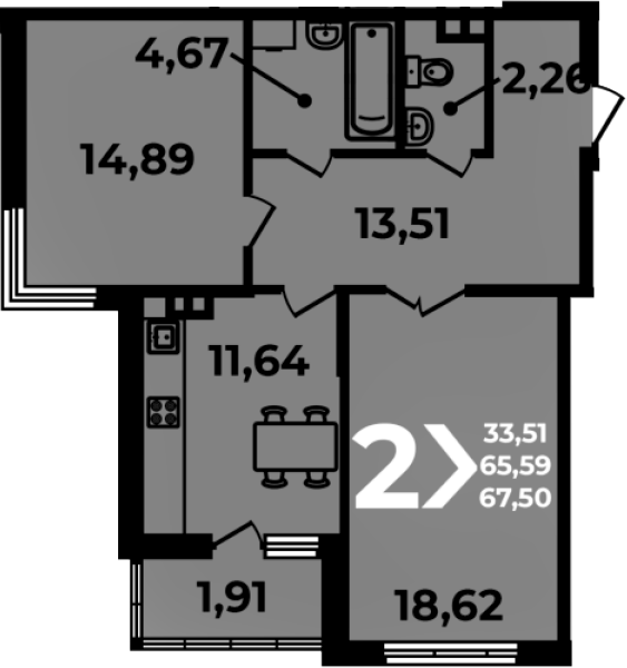 2-комн., 65.59 м², 9/19 этаж, ЖК «Аксиома»