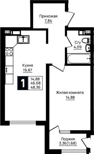 1-комн., 46.68 м², 3/9 этаж, ЖК «Резиденция морей»