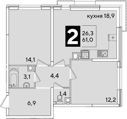 3-комн., 61 м², 3/16 этаж, ЖК «Самолет»