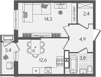 1-комн., 38 м², 16/24 этаж, ЖК «Рекорд»