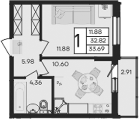 1-комн., 32.82 м², 2/9 этаж, ЖК «Дом 101»