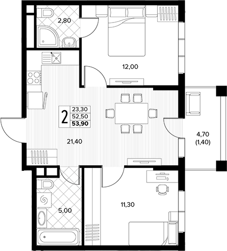 2-комн., 52.5 м², 4/7 этаж, ЖК «Кипарис»