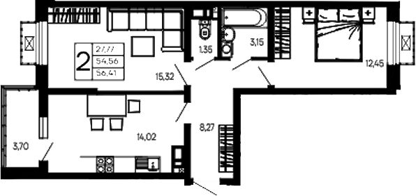 2-комн., 54.56 м², 11/14 этаж, ЖК «Эпос»