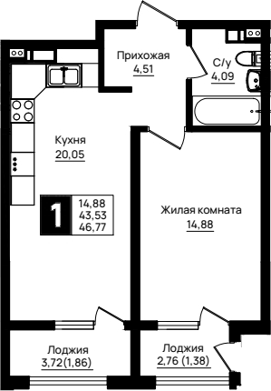 1-комн., 43.53 м², 2/9 этаж, ЖК «Резиденция морей»