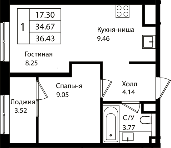 2-комн., 34.44 м², 15/18 этаж, ЖК «Патрики»