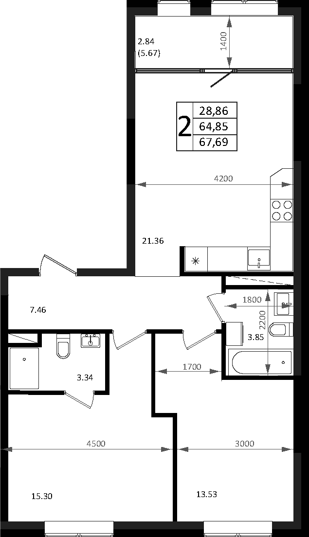 3-комн., 64.85 м², 3/7 этаж, ЖК «Патрики»