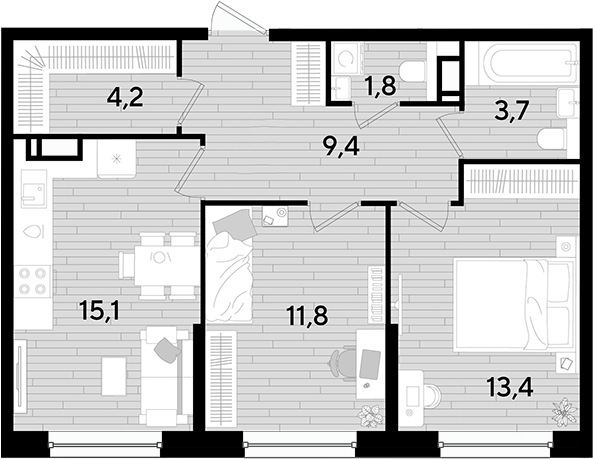 2-комн., 59.4 м², 11/16 этаж, ЖК «DОГМА ПАРК»