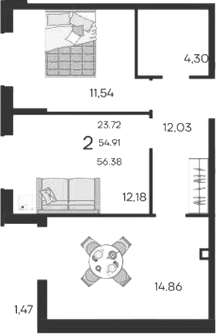 2-комн., 54.91 м², 2/9 этаж, ЖК «Дом 101»