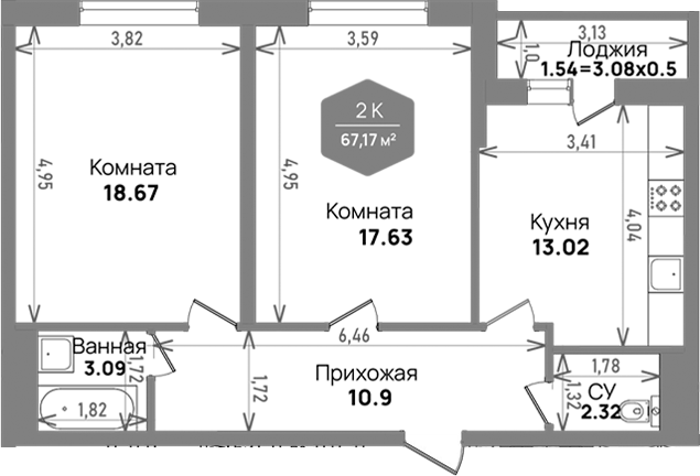 2-комн., 65.63 м², 2/24 этаж, ЖК «Левада»
