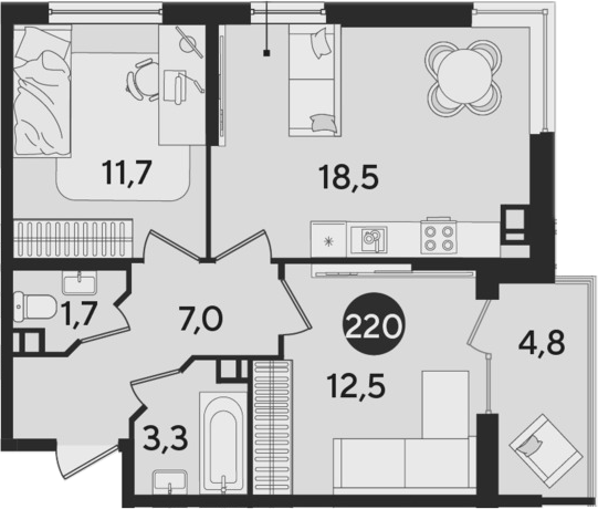 3-комн., 54.7 м², 8/9 этаж, ЖК «Парк Победы»