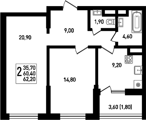 2-комн., 61 м², 8/8 этаж, ЖК «Югге»