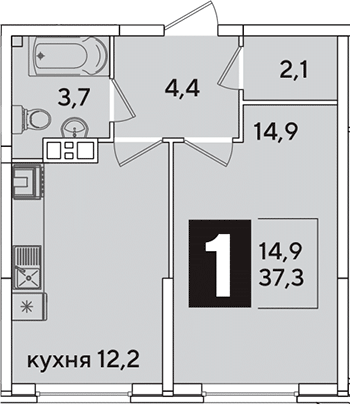 1-комн., 37.3 м², 4/16 этаж, ЖК «Самолет»
