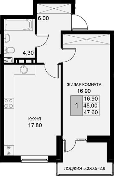 1-комн., 45 м², 6/7 этаж, ЖК «История»