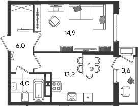 1-комн., 38.1 м², 13/24 этаж, ЖК «Рекорд»