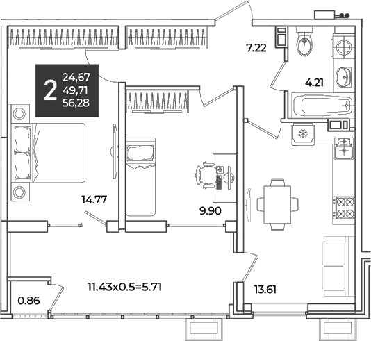 2-комн., 49.71 м², 8/18 этаж, ЖК «Образцово»