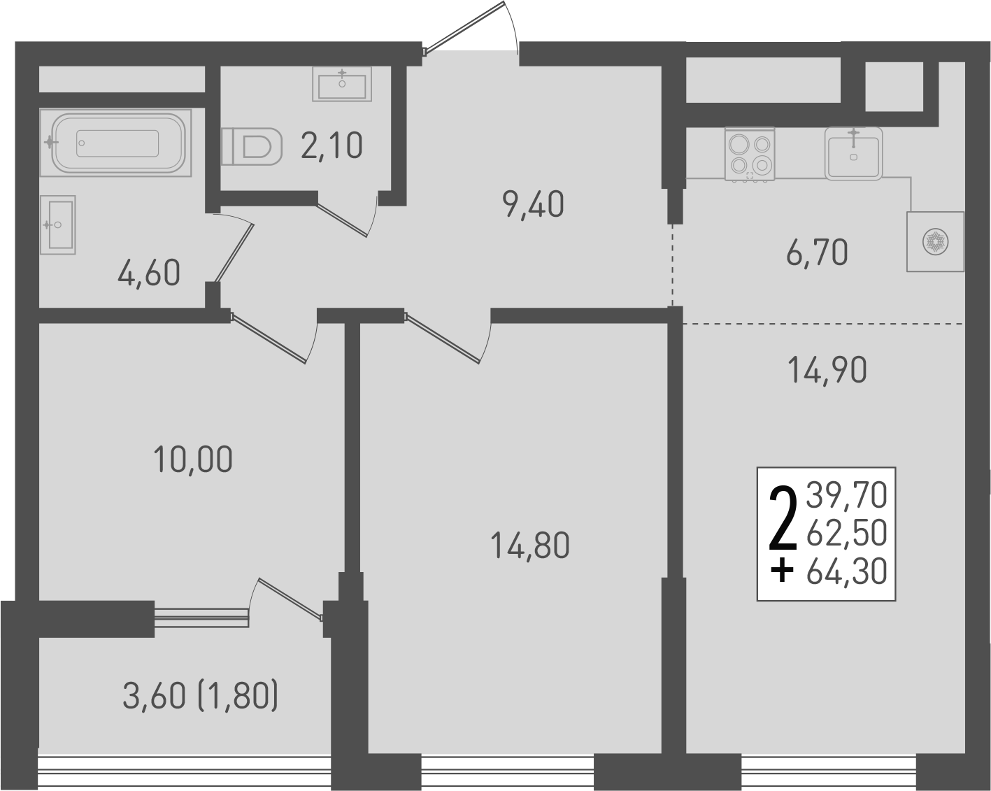 3-комн., 62.5 м², 8/8 этаж, ЖК «Югге»