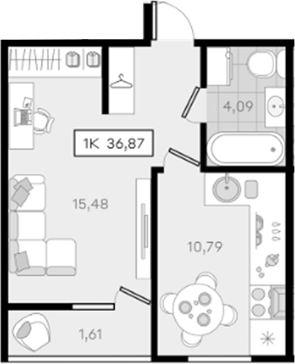 1-комн., 35.26 м², 3/8 этаж, ЖК «История 3»