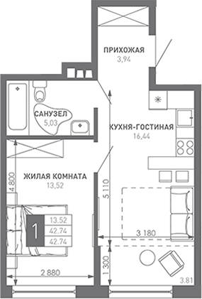 1-комн., 44 м², 4/9 этаж, ЖК «Иначе в Молодежном»