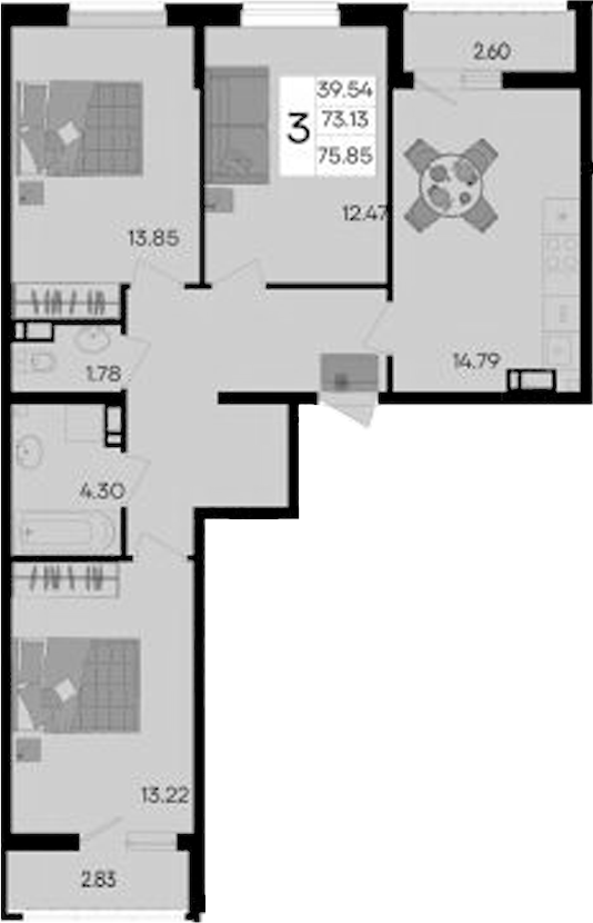 3-комн., 73.13 м², 8/9 этаж, ЖК «Дом 101»