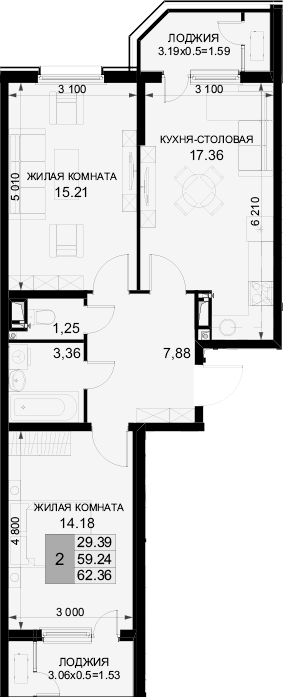 2-комн., 59.24 м², 15/18 этаж, ЖК «Фонтаны»
