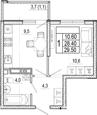 1-комн., 28.4 м², 15/15 этаж, ЖК «Лестория»