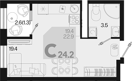 Студия, 22.9 м², 14/18 этаж, ЖК «Первое место»
