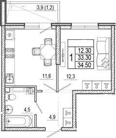 1-комн., 33.3 м², 1/17 этаж, ЖК «Лестория»