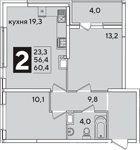 3-комн., 56.4 м², 13/16 этаж, ЖК «Самолет»